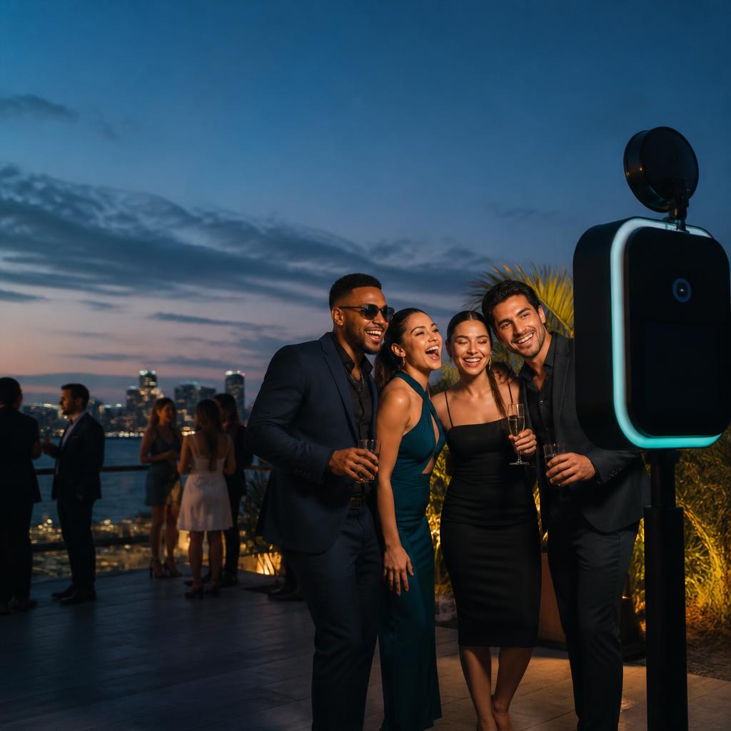 Guests laughing together around a modern photo booth at an upscale celebration